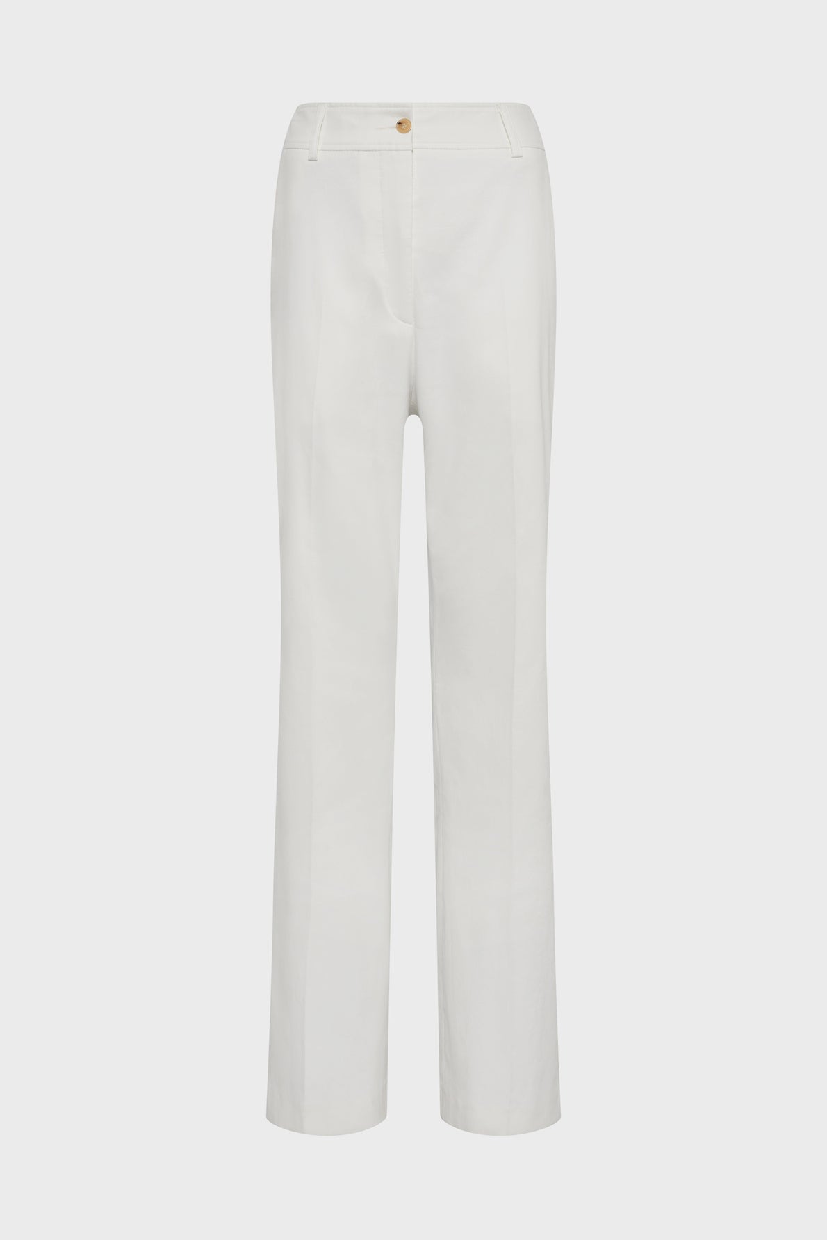 White straight-leg pants with a high waist, front button closure, and two side pockets displayed on a plain white background.
