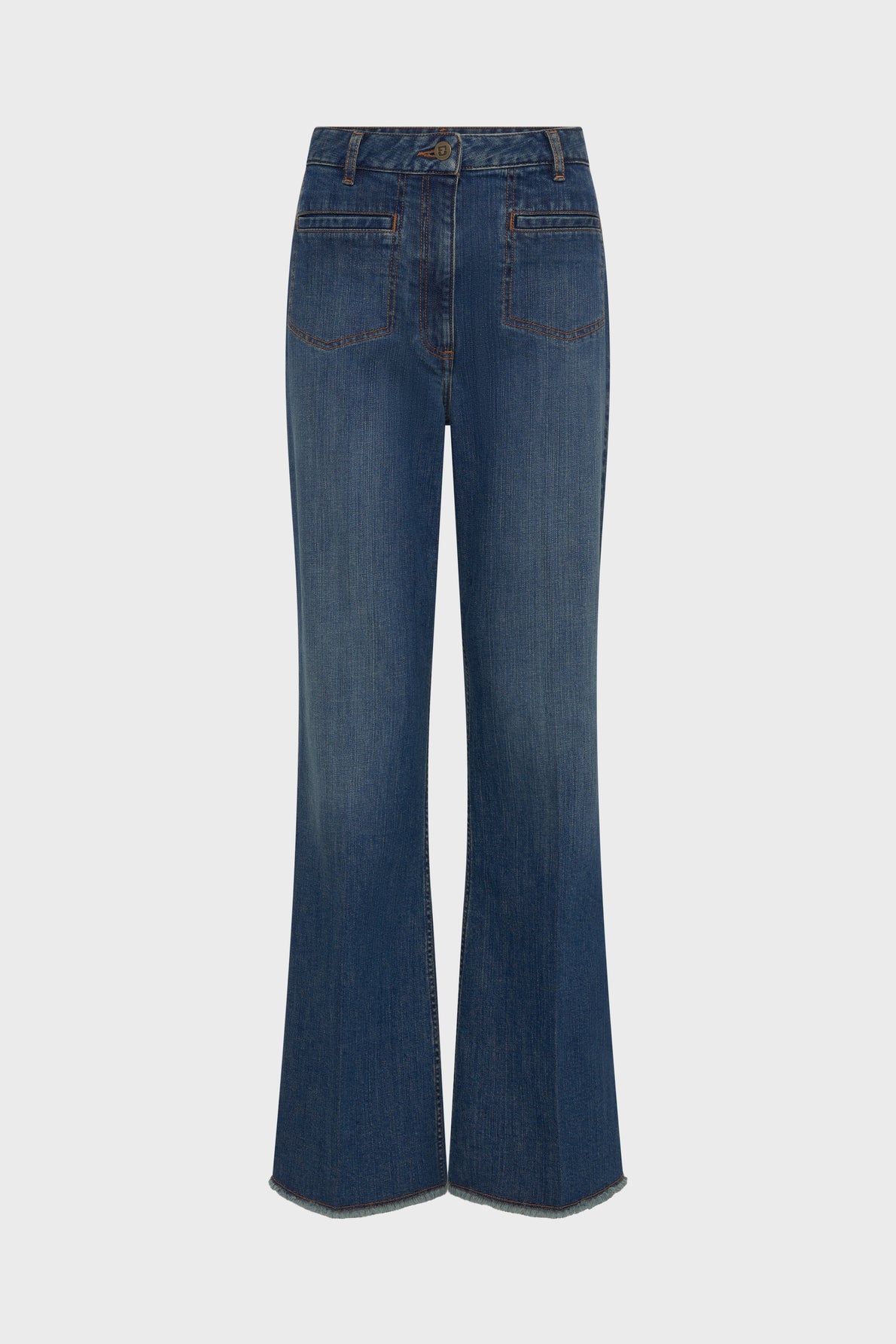 A pair of blue denim jeans with a high waist, front pockets, and wide, slightly flared legs, displayed on a white background.