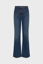 A pair of blue denim jeans with a high waist, front pockets, and wide, slightly flared legs, displayed on a white background.