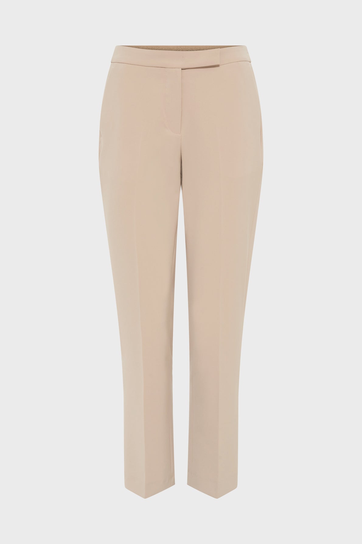 Beige tailored women’s dress pants with a straight-leg cut, front crease, and concealed waistband closure, these élégant pantalon de tailleur are displayed on a plain white background.