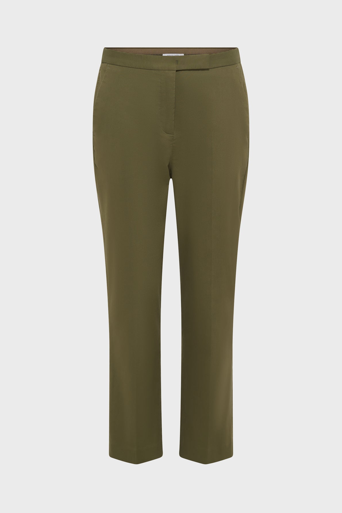 Olive green straight-leg pants with a mid-rise waist and a concealed front closure, displayed against a plain white background.