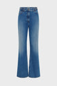 A pair of blue denim jeans with a high waist, front button and zip closure, classic five-pocket design, and flared legs, displayed on a plain white background.