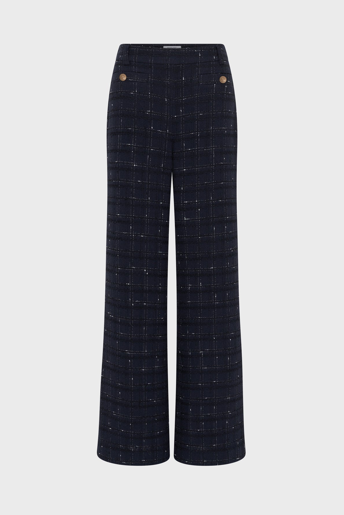 High-waisted, wide-leg pants in a dark plaid fabric with subtle white lines. Features two front buttons at the waistband and a tailored, structured fit.
