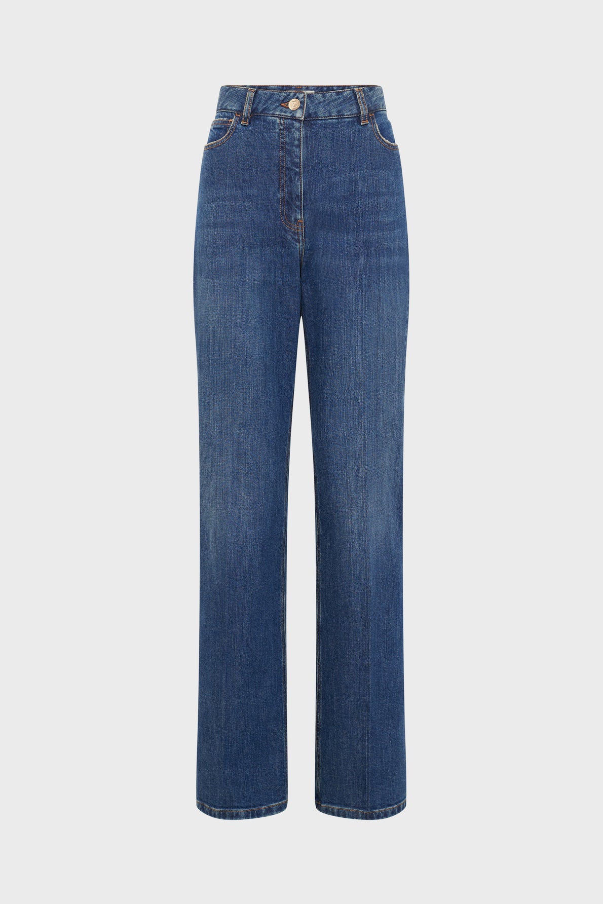 Classic blue straight-leg jeans crafted from premium denim with a high waist, front button and zipper closure, front and back pockets, and subtle faded detailing on the thighs. This jean brut style is displayed against a plain white background.