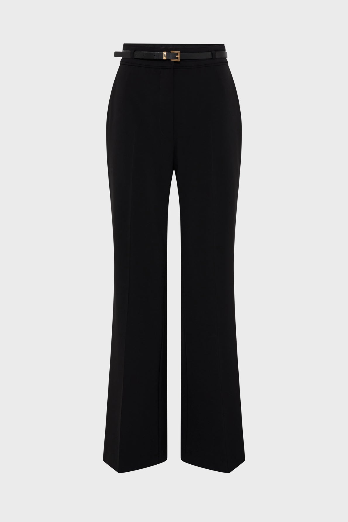 Black tailored womens trousers with a slim black belt featuring a small gold buckle, displayed against a plain white background, these pantalon noir femme offer a chic and sophisticated look perfect for any occasion.
