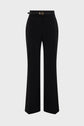 Black tailored womens trousers with a slim black belt featuring a small gold buckle, displayed against a plain white background, these pantalon noir femme offer a chic and sophisticated look perfect for any occasion.