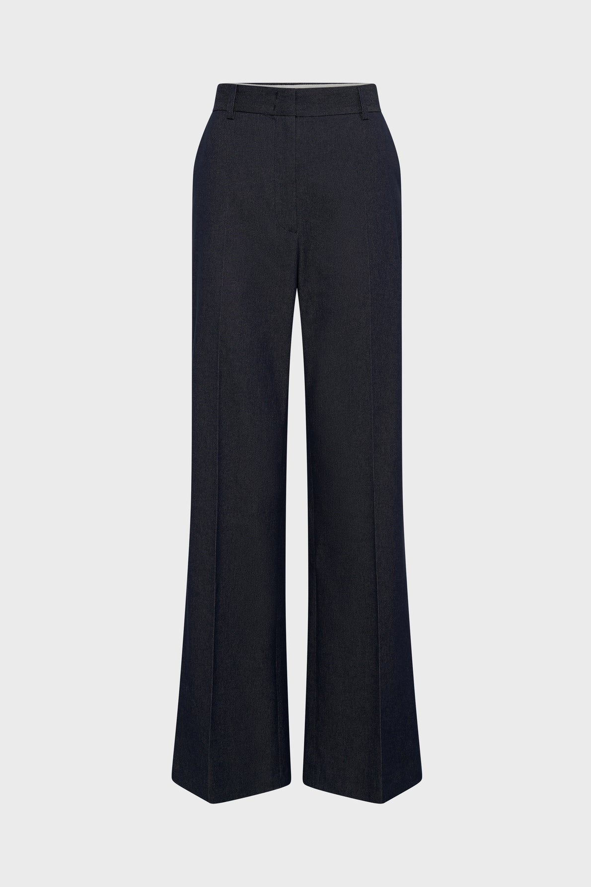 Black, high-waisted, wide-leg dress pants with front creases, belt loops, and side pockets, ideal for those who love the flattering silhouette of a pantalon taille haute. Displayed on a plain white background.