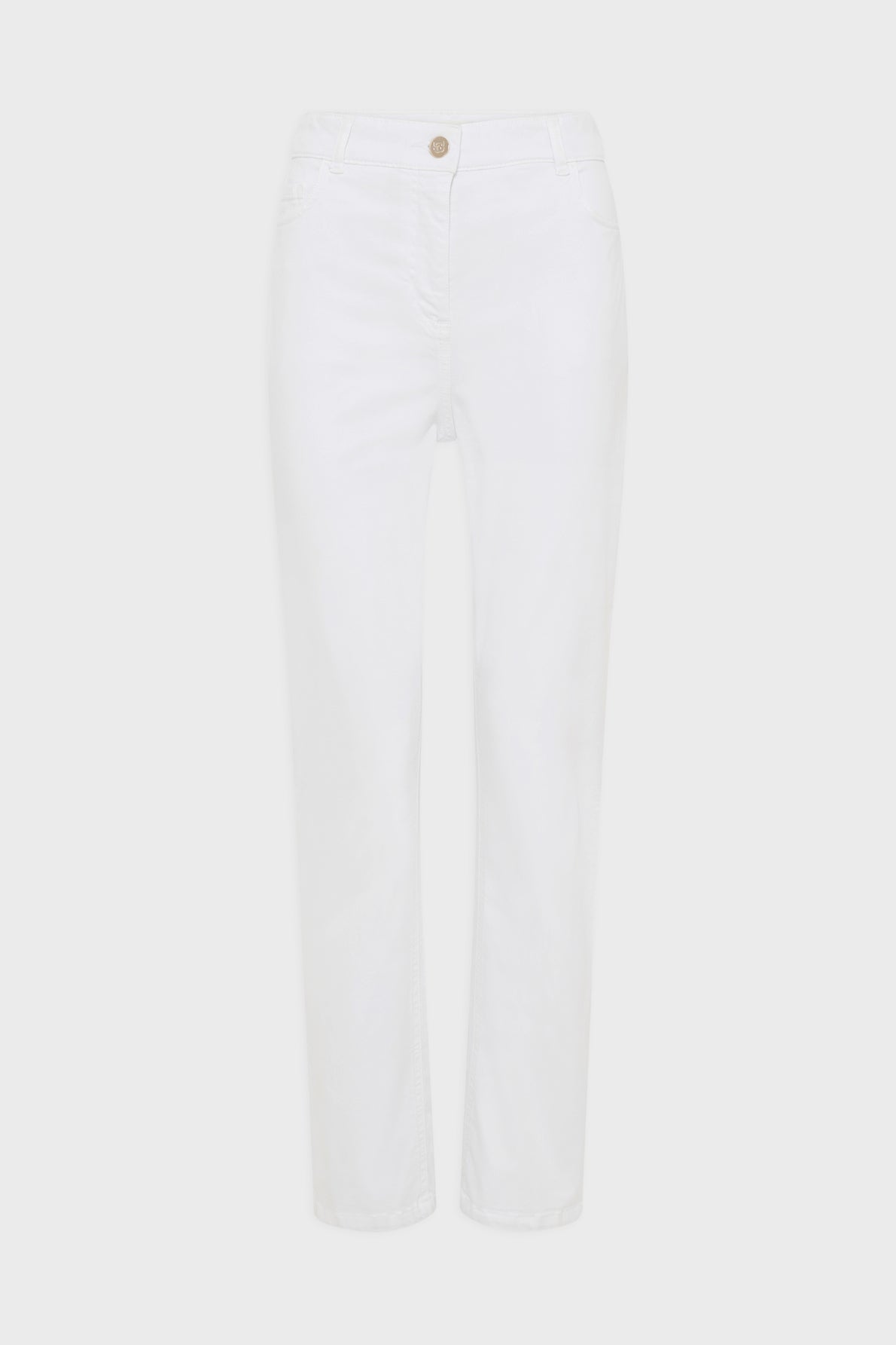 A pair of plain white jeans, crafted from coton stretch for added comfort, featuring a button and zip closure, straight legs, and front pockets, displayed on a white background.