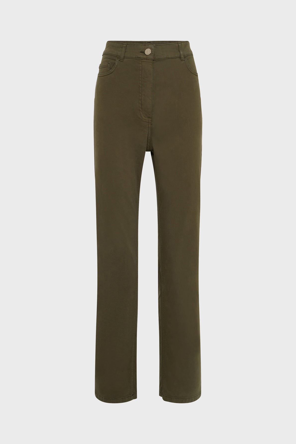 Olive green straight-leg pants with a button and zip fly, front pockets, and belt loops, displayed on a plain white background.
