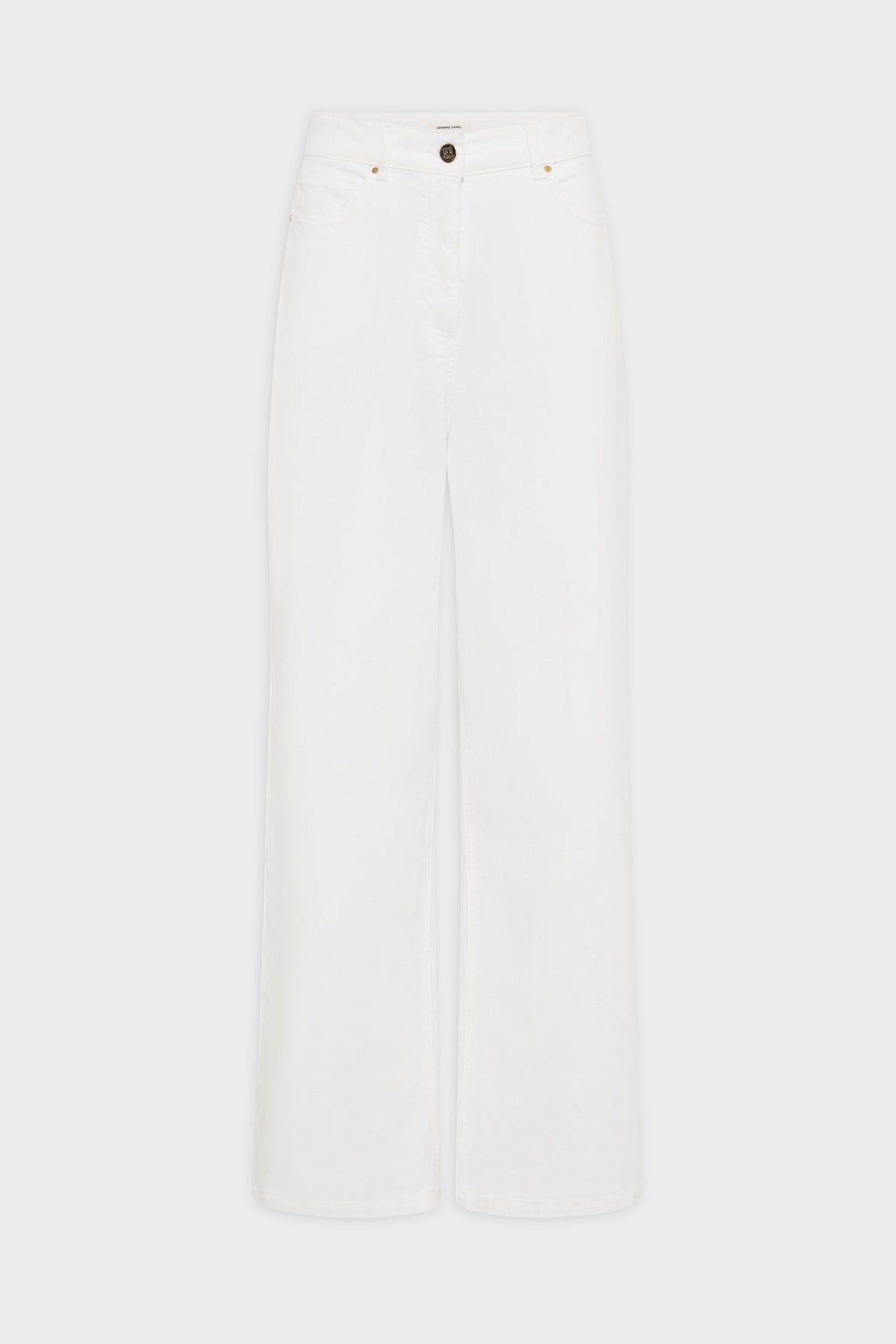 White, high-waisted, wide-leg jeans (coupe large) with front and back pockets, a button closure, and belt loops, displayed on a plain white background.