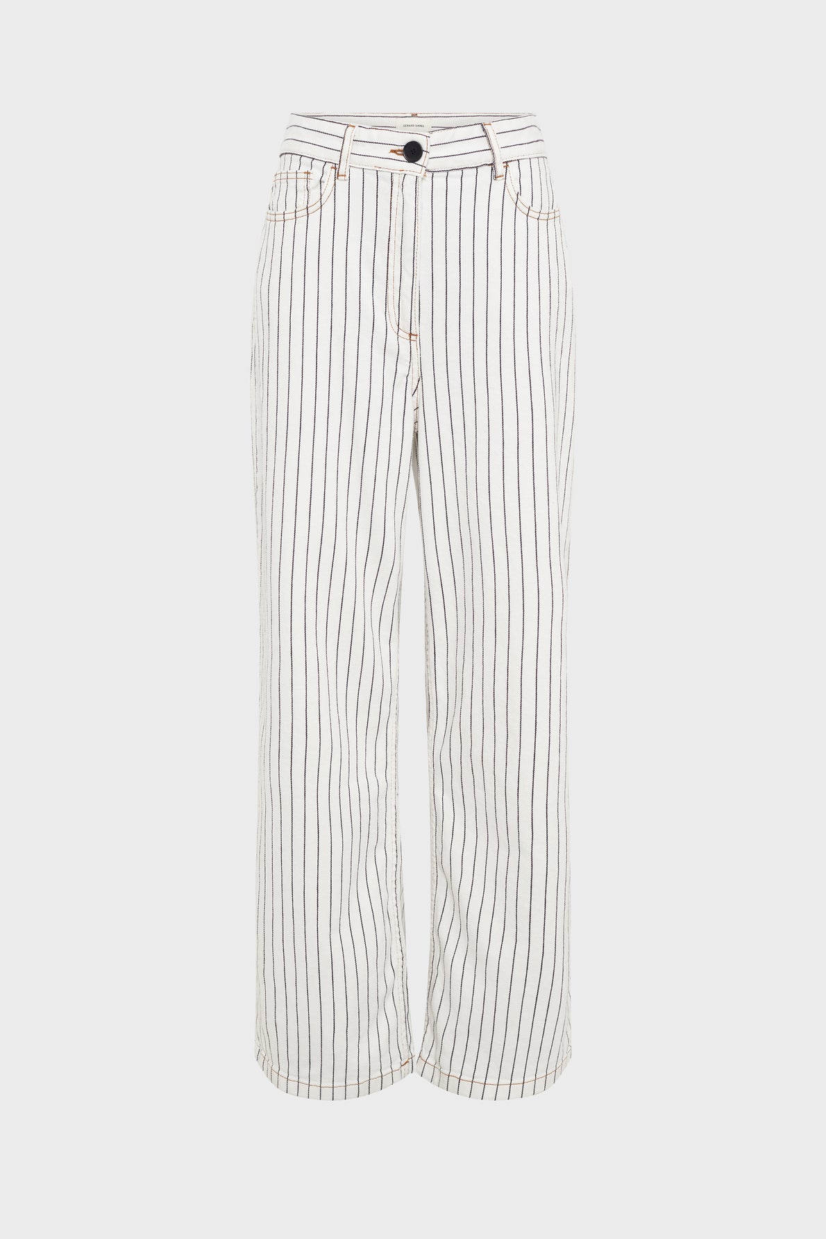 White high-waisted, wide-leg jean large femme pants with vertical black pinstripes, front button and zipper, and side pockets. These stylish jean rayé pants are displayed against a plain white background.