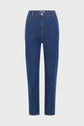Blue high-waisted straight-leg jeans with front button and zip closure, two front pockets, and two back pockets, displayed on a plain white background.