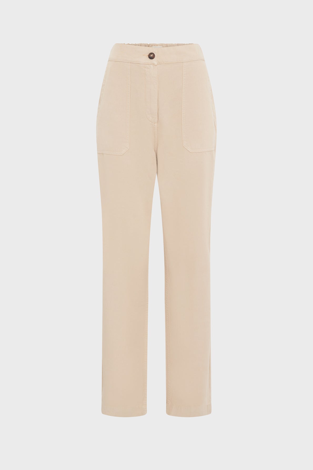 Beige straight-leg pants with front patch pockets, a button and zip closure, and a clean, simple design shown against a white background. This pantalon 7/8 style features large front pockets (pantalon grandes poches) for both functionality and effortless style.