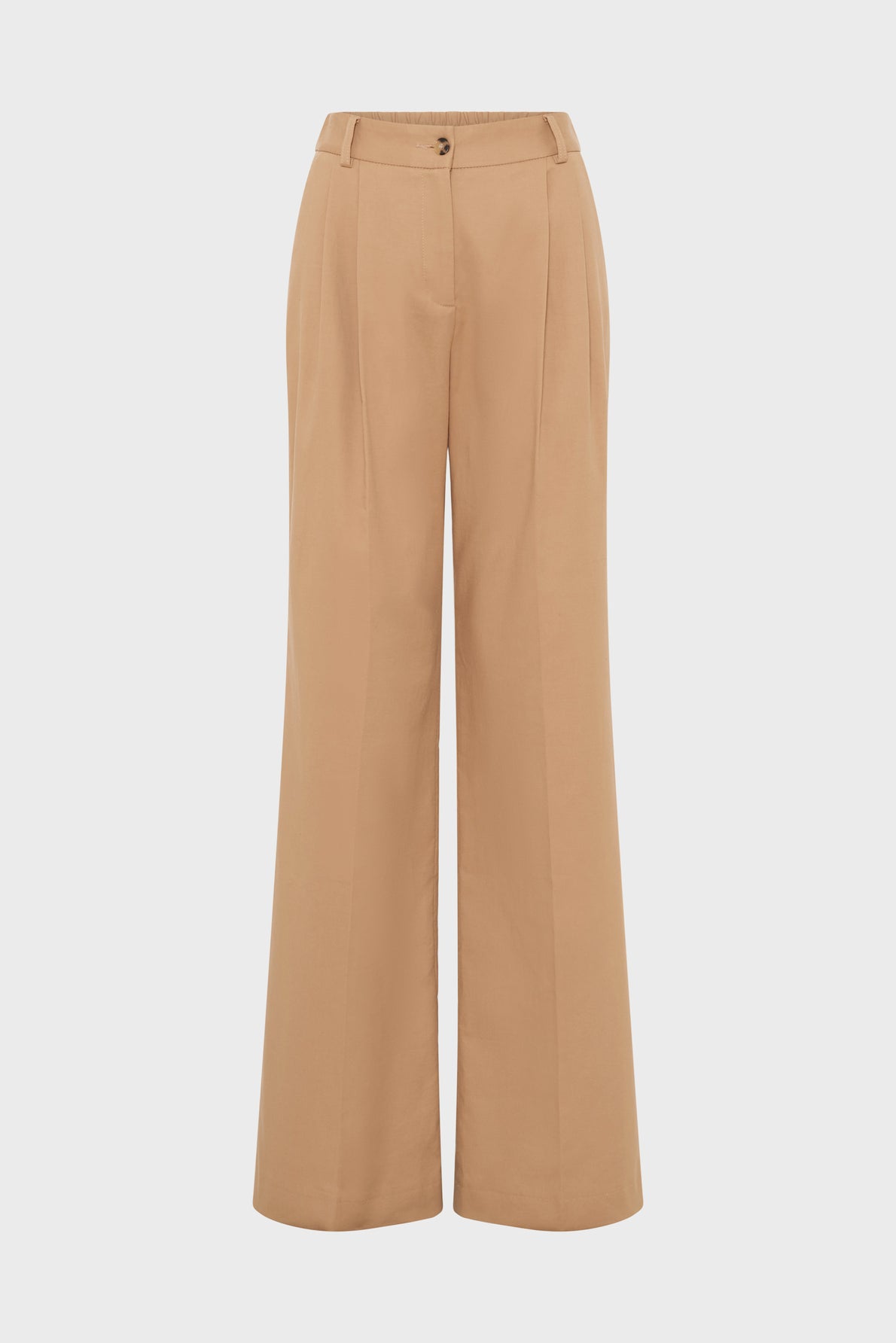 Wide-leg, high-waisted tan trousers with front pleats, belt loops, and a button closure, displayed against a plain white background.