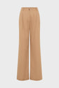 Wide-leg, high-waisted tan trousers with front pleats, belt loops, and a button closure, displayed against a plain white background.