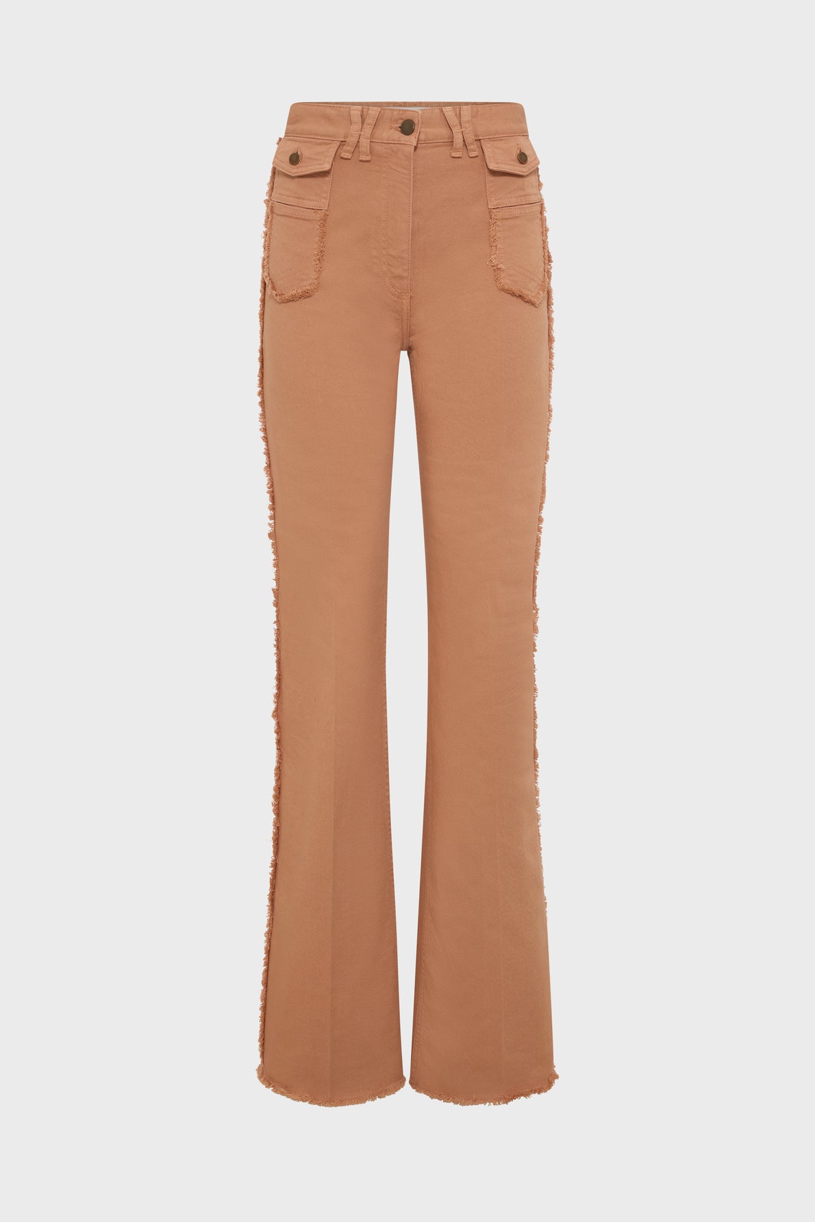 High-waisted, straight-leg tan jeans with frayed edges along the outer seams and front flap pockets, inspired by the signature style of jean ANNA, displayed on a white background.