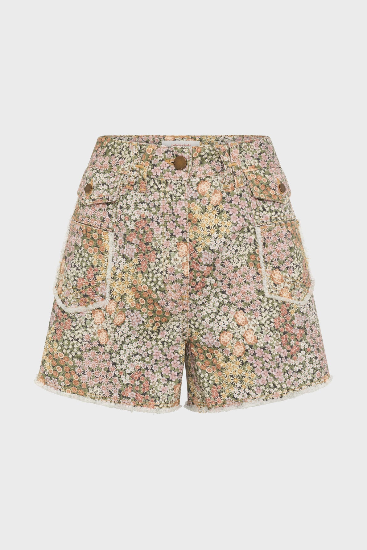 High-waisted shorts with a multicolored motif floral pattern, featuring front pockets with white trim and a button closure, displayed on a white background.