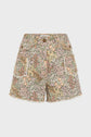 High-waisted shorts with a multicolored motif floral pattern, featuring front pockets with white trim and a button closure, displayed on a white background.