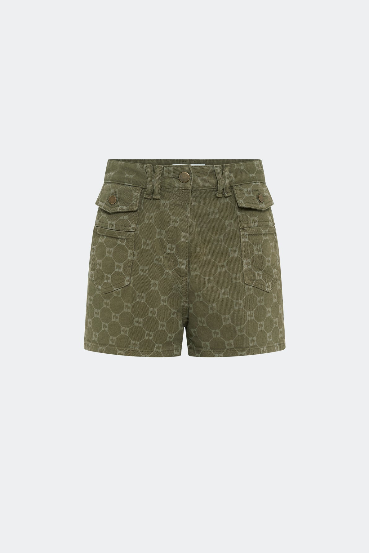 Olive green short Aubry taille haute with a subtle geometric pattern, front button closure, belt loops, and two buttoned flap pockets on the front.