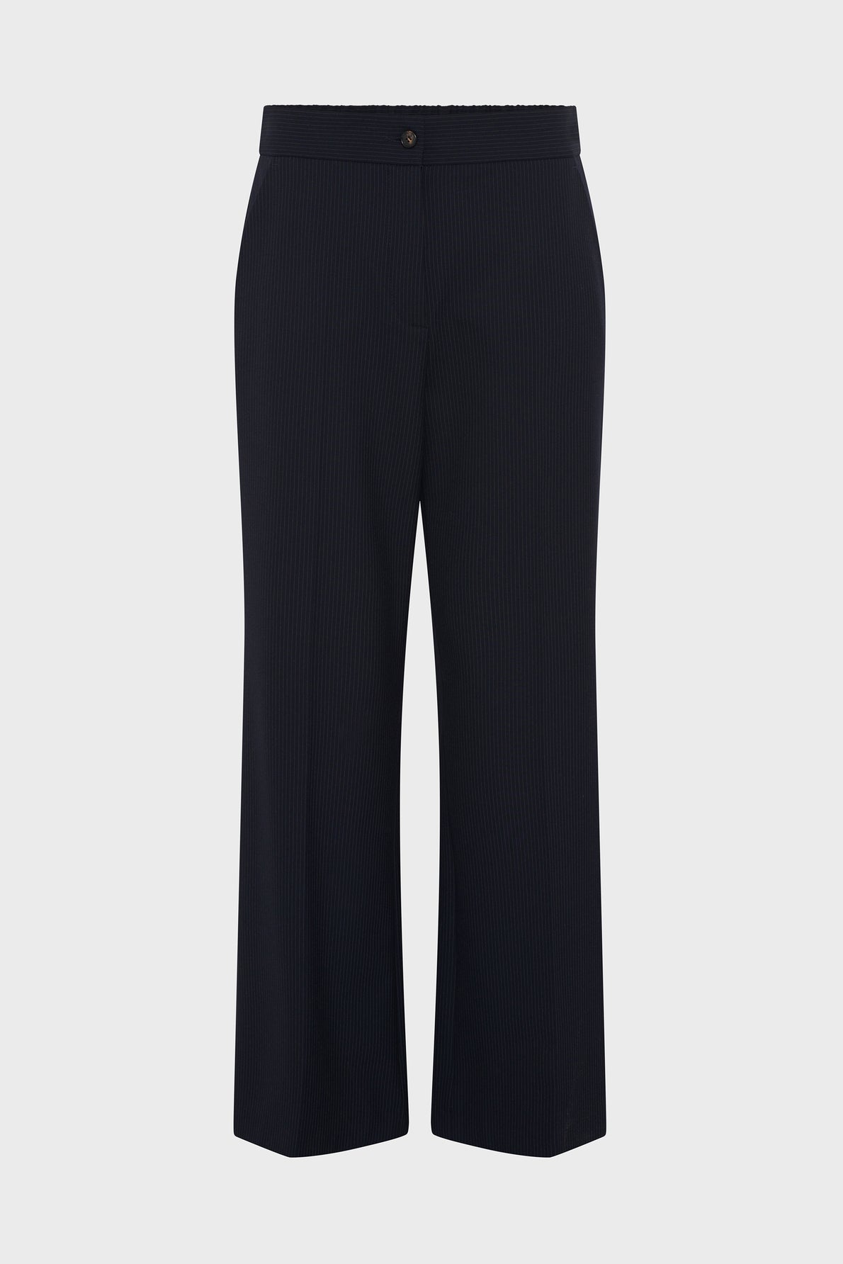 Black straight-leg dress pants with a single button closure at the waist, displayed on a plain white background.