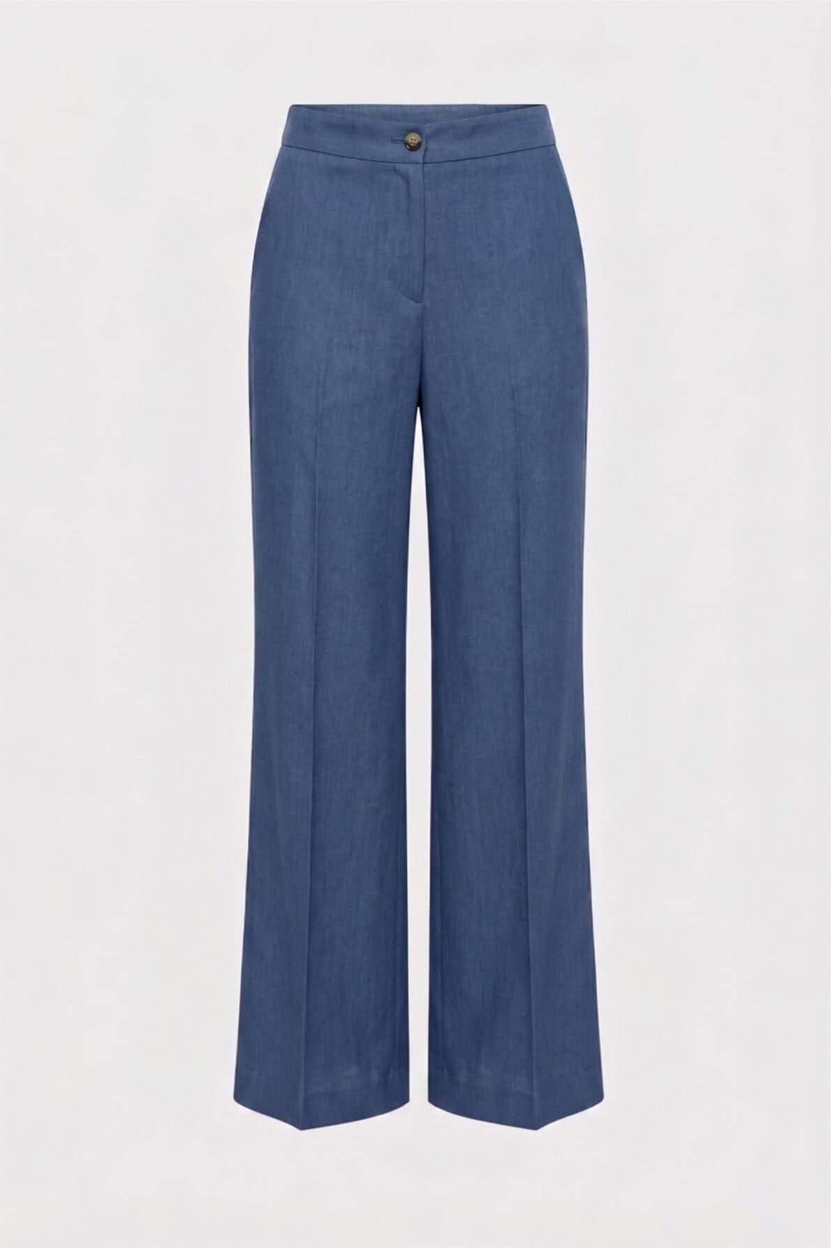 Wide-leg blue trousers with a high waist, front button and zipper closure, and side pockets, displayed against a plain white background.