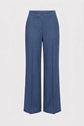 Wide-leg blue trousers with a high waist, front button and zipper closure, and side pockets, displayed against a plain white background.