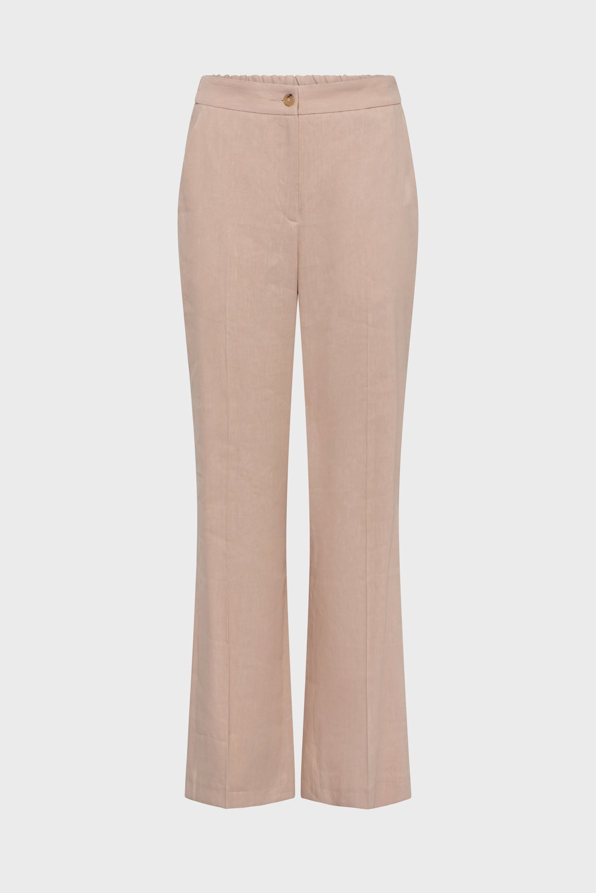 Light beige straight-leg pants with a front button and zipper closure, elastic waistband at the back, and two side pockets, displayed against a plain white background.