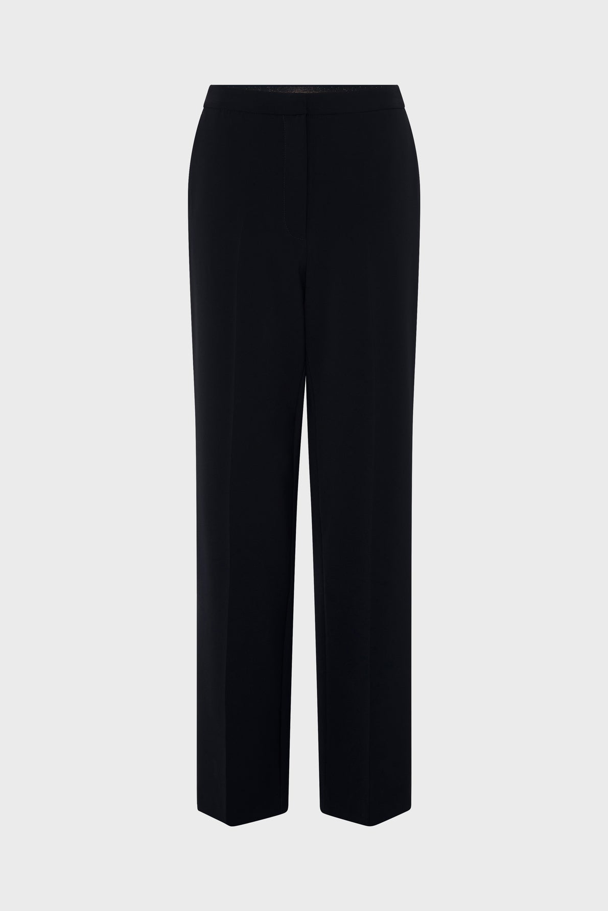 Black, straight-leg dress pants displayed on a plain light gray background, shown from the front with a simple waistband and no visible pockets or embellishments. This classic pantalon droit is an essential addition to any pantalon femme collection.