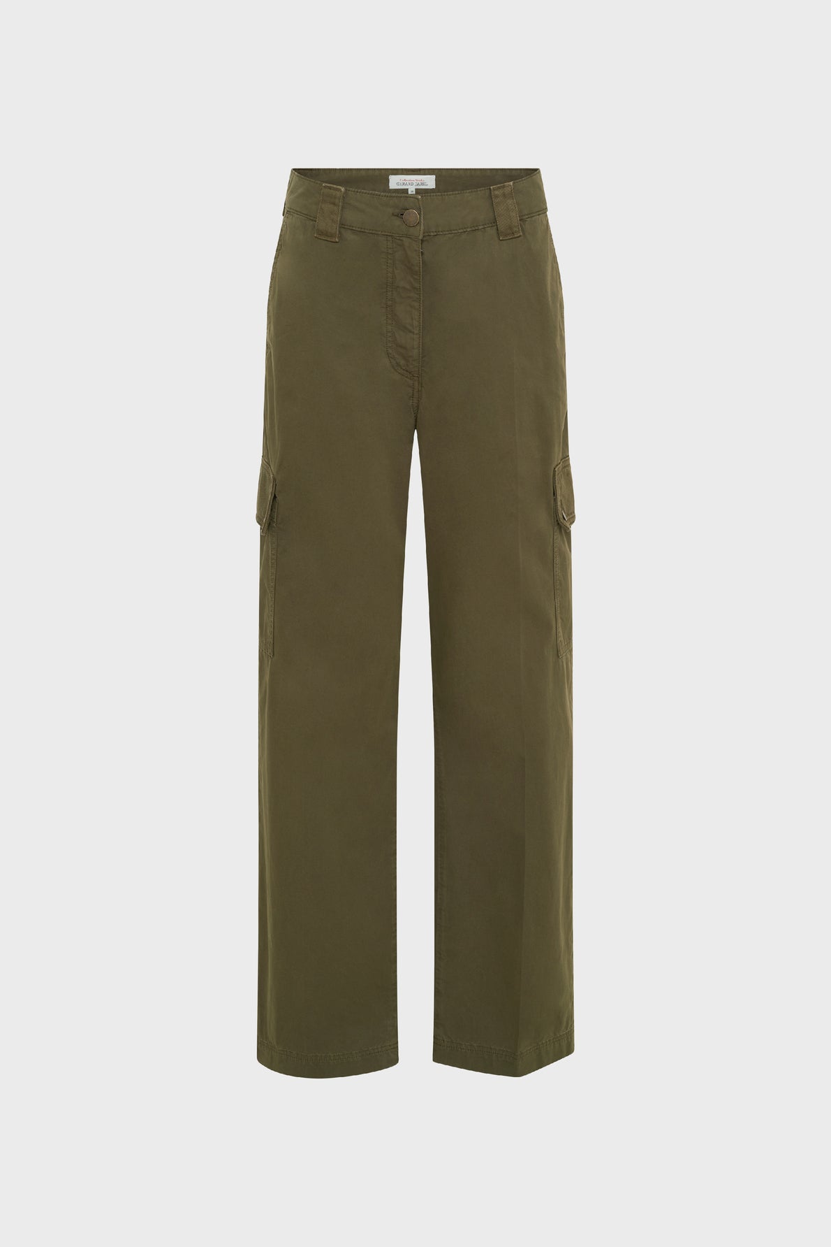 Olive green cargo pants with wide legs, side flap pockets, belt loops, and a front button closure, displayed on a plain white background. Inspired by the classic pantalon militaire femme style, these pantalon coton kaki feature grandes poches for added functionality and a modern utilitarian look.