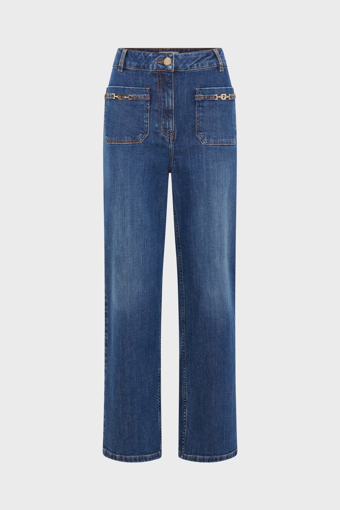 Straight-leg blue denim jeans (coupe droite) with front patch pockets, subtle gold chain details, high waist, and button closure, displayed on a plain white background.