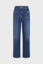 Straight-leg blue denim jeans (coupe droite) with front patch pockets, subtle gold chain details, high waist, and button closure, displayed on a plain white background.