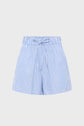 Light blue and white vertically striped shorts with an elastic waistband, drawstring, and a relaxed fit, displayed on a plain white background.