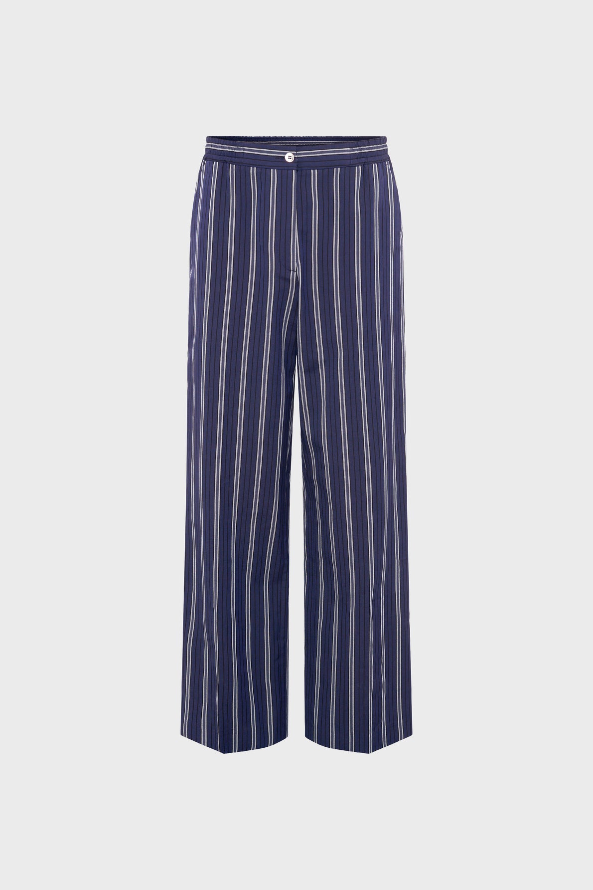 Navy blue pants with white and light blue vertical stripes, wide-leg fit, button and zipper closure at the waist, shown on a plain light gray background.