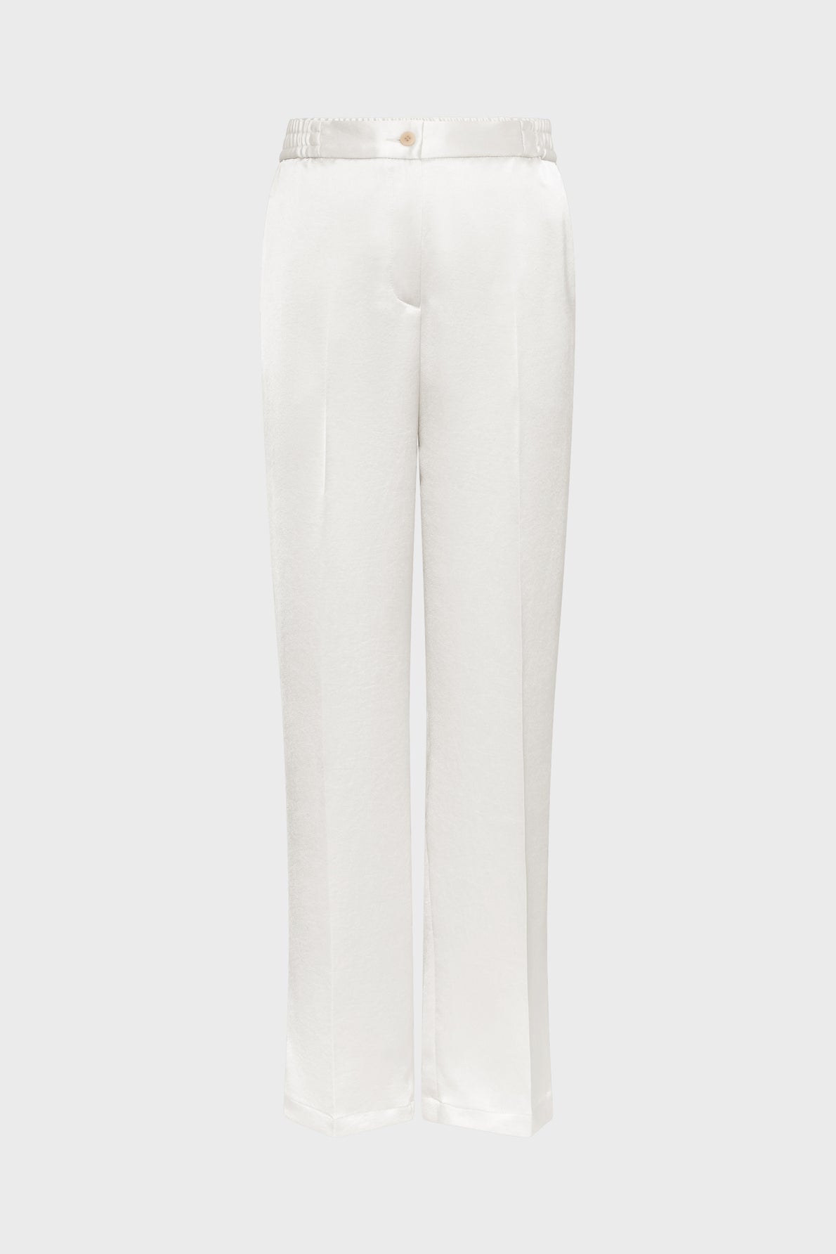 White satin straight-leg pants with a button and zip closure, featuring side pockets and a slightly cropped hem, displayed on a plain light gray background.
