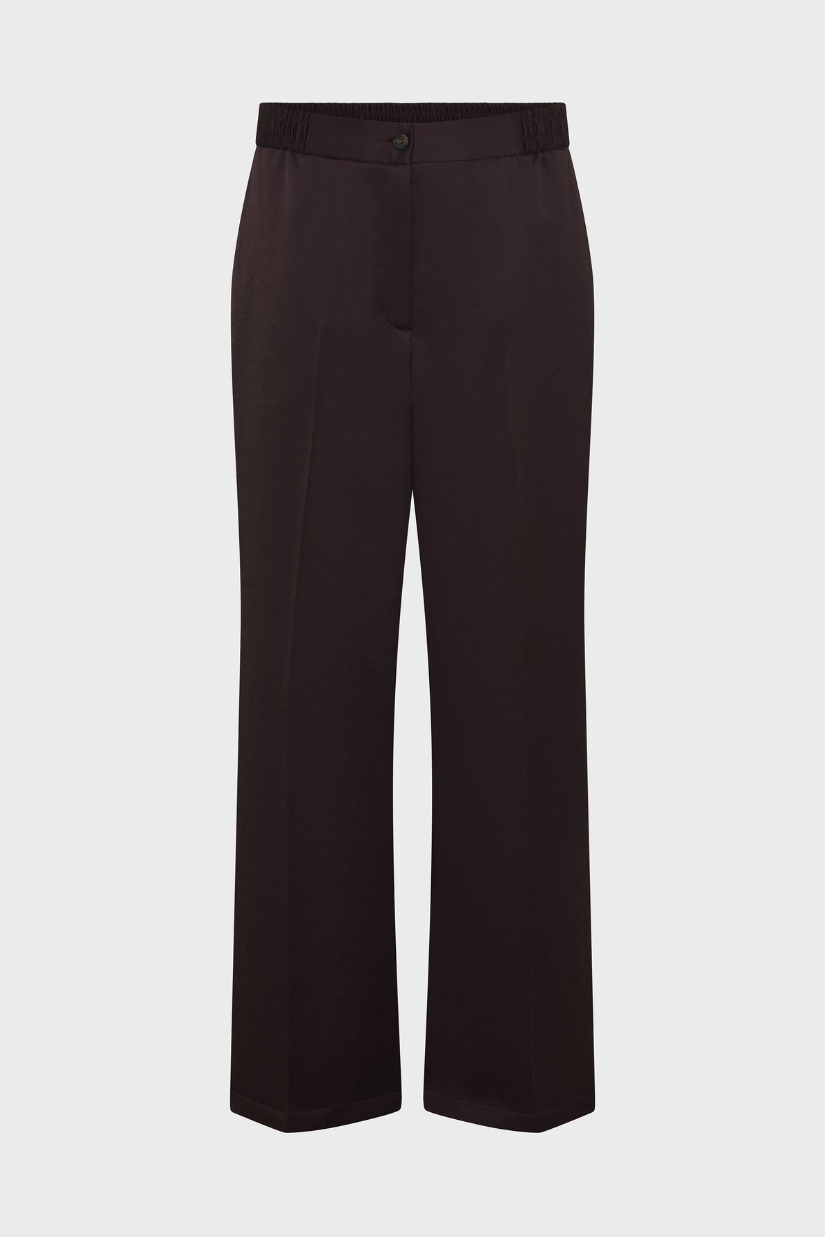 Black straight-leg pants with an elastic waistband, button closure, and side pockets, these pantalon fluide offer effortless style and comfort, displayed against a plain white background.