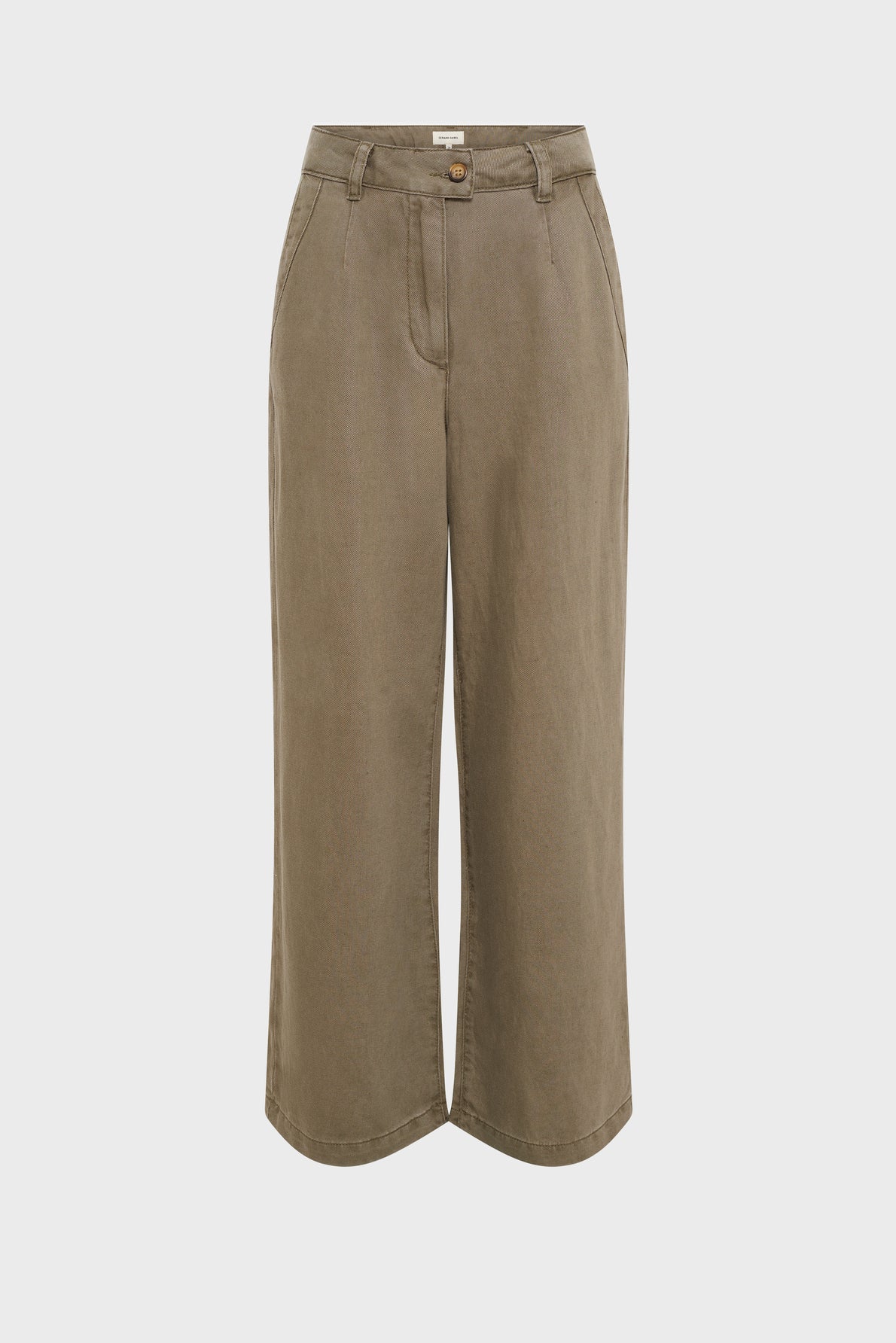 Khaki wide-leg cropped pants with belt loops, front button and zip closure, and side pockets—these pantalon kaki femme are crafted from a soft lyocell-linen blend for comfort and style, displayed on a plain white background.