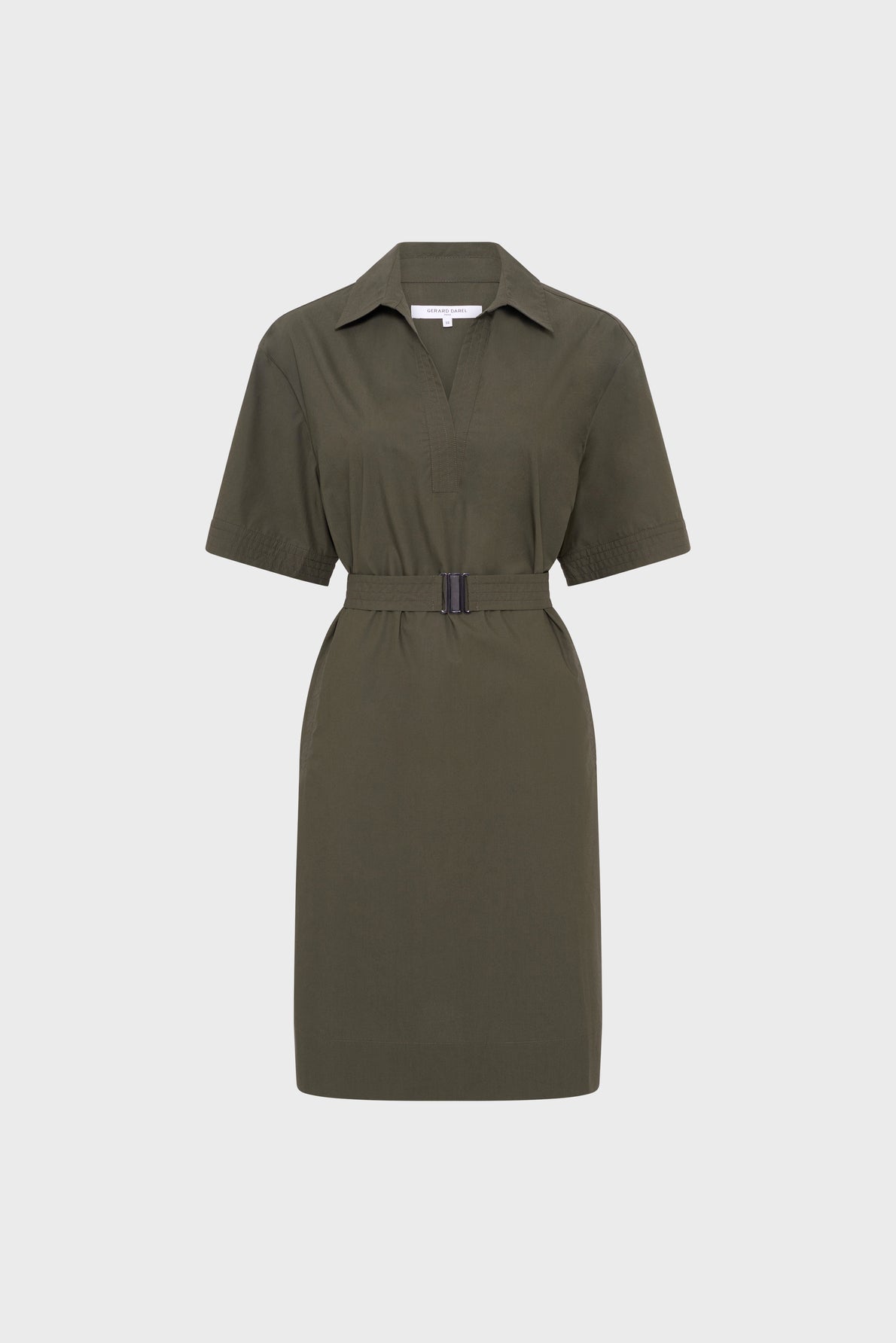 Short-sleeve, knee-length olive green shirt dress with a collar and matching belt, displayed on a plain white background.