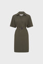 Short-sleeve, knee-length olive green shirt dress with a collar and matching belt, displayed on a plain white background.