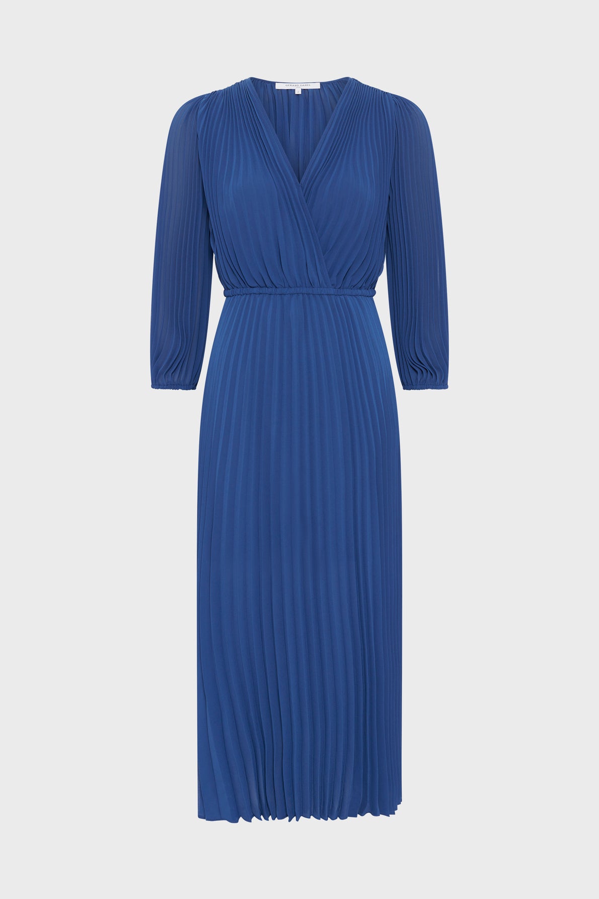 Knee-length blue dress with long sleeves, a V-neck wrap front, and pleated fabric throughout. The dress has a fitted waist and a flowy skirt.