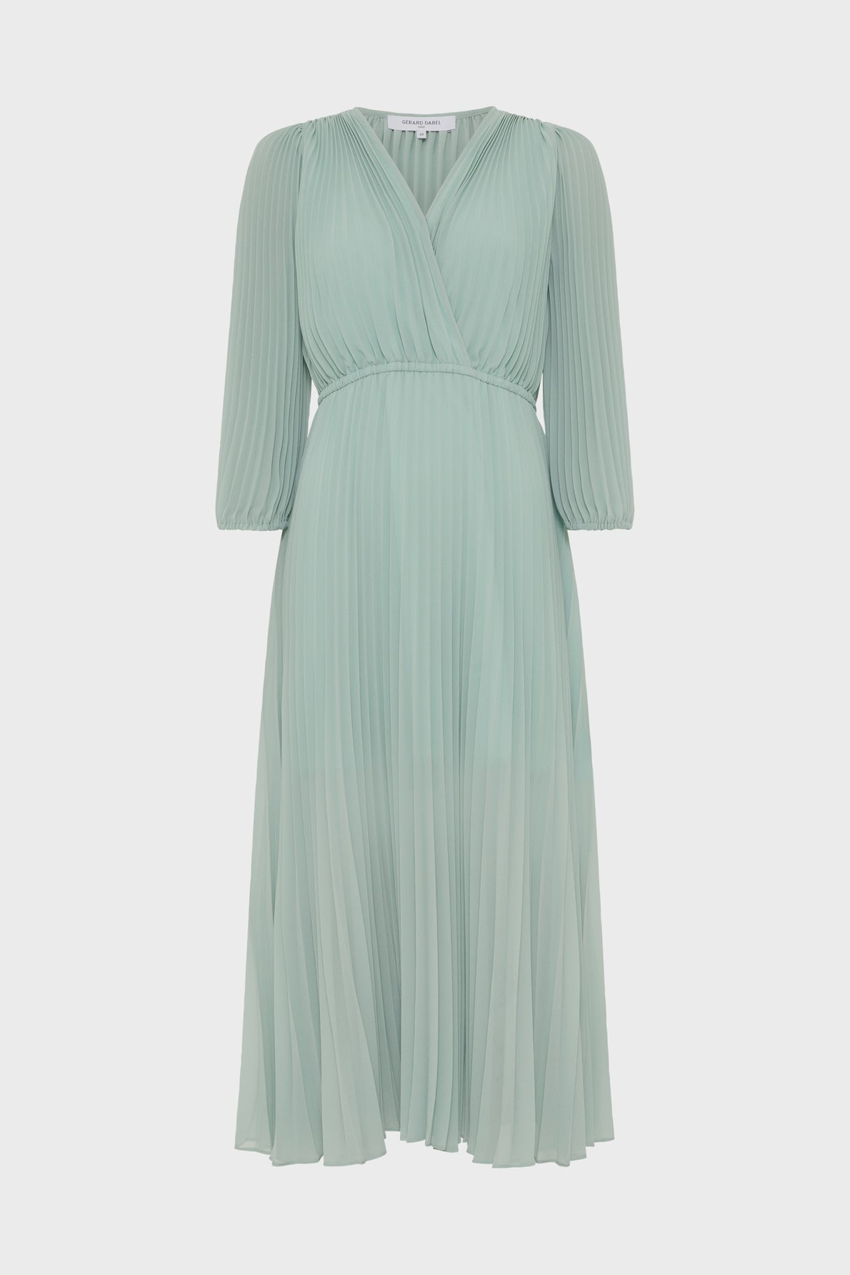 Light green, long-sleeve, V-neck, pleated midi dress with a wrapped bodice and a flowy skirt, displayed against a plain white background.