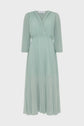 Light green, long-sleeve, V-neck, pleated midi dress with a wrapped bodice and a flowy skirt, displayed against a plain white background.