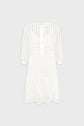White knee-length dress with three-quarter sleeves, vertical lace trim on bodice and sleeves, and a tiered skirt. The fabric appears lightweight and semi-sheer, creating an airy, summery look. Dress is displayed on a plain background.