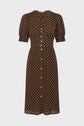 Brown short-sleeve midi dress with white polka dots, front buttons, and a fitted waist, displayed on a plain white background.
