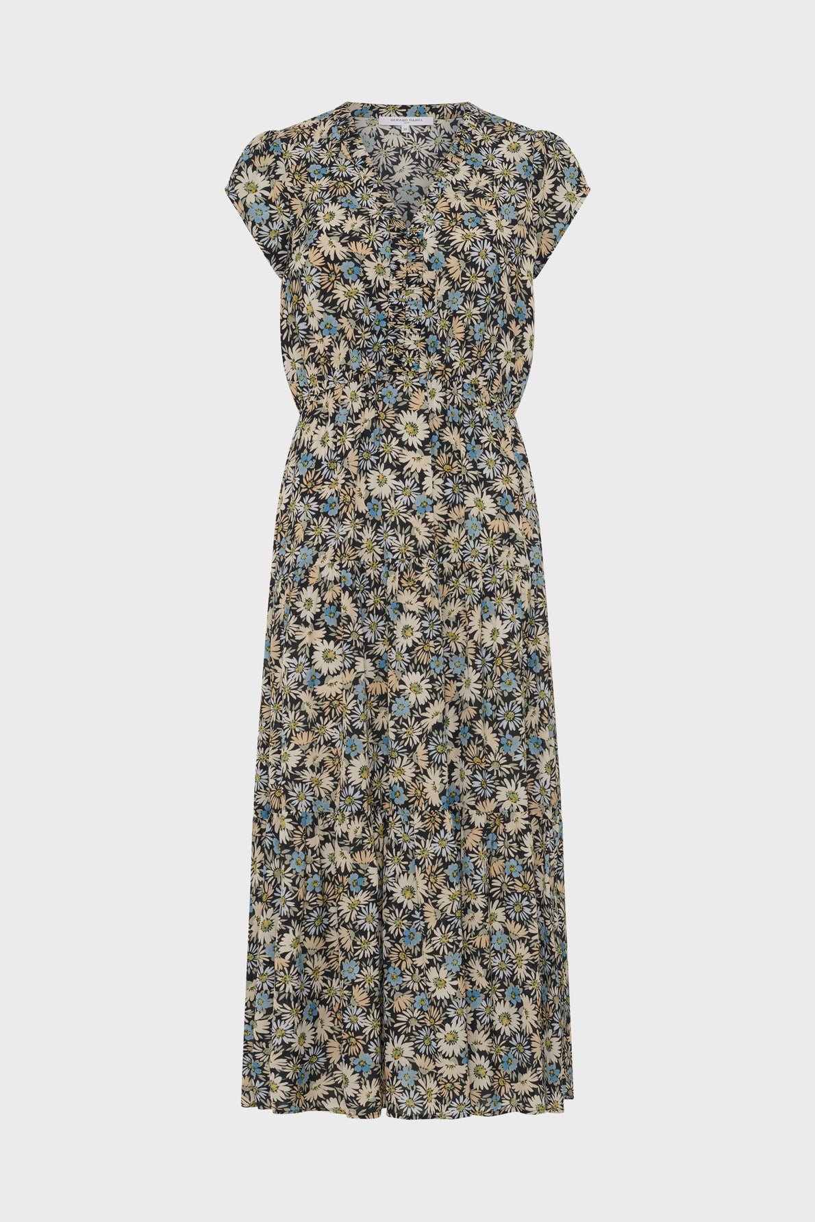 A short-sleeved, floral-print midi dress with a V-neckline and gathered waist, featuring a pattern of blue, beige, and white flowers on a black background.