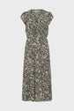 A short-sleeved, floral-print midi dress with a V-neckline and gathered waist, featuring a pattern of blue, beige, and white flowers on a black background.