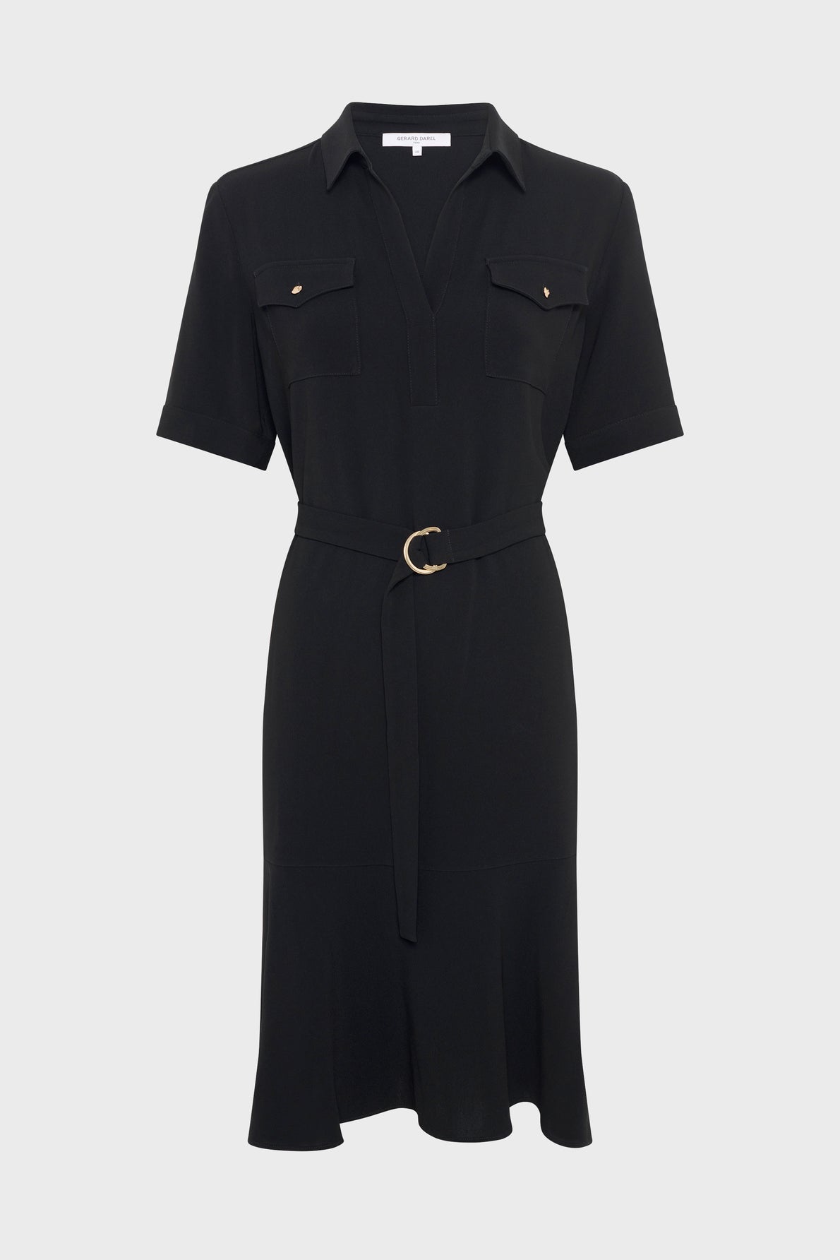 Black short-sleeve shirt dress with a collar, two chest pockets with buttons, and a matching belt with a gold buckle at the waist, displayed on a plain white background.