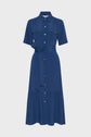 A blue, short-sleeve, button-down midi dress with a belted waist, collar, and two chest pockets, displayed on a plain white background.