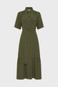 Olive green, button-down midi shirt dress (robe chemise kaki) with short sleeves, chest pockets, collar, waist tie belt, and a tiered skirt, displayed on a plain white background.