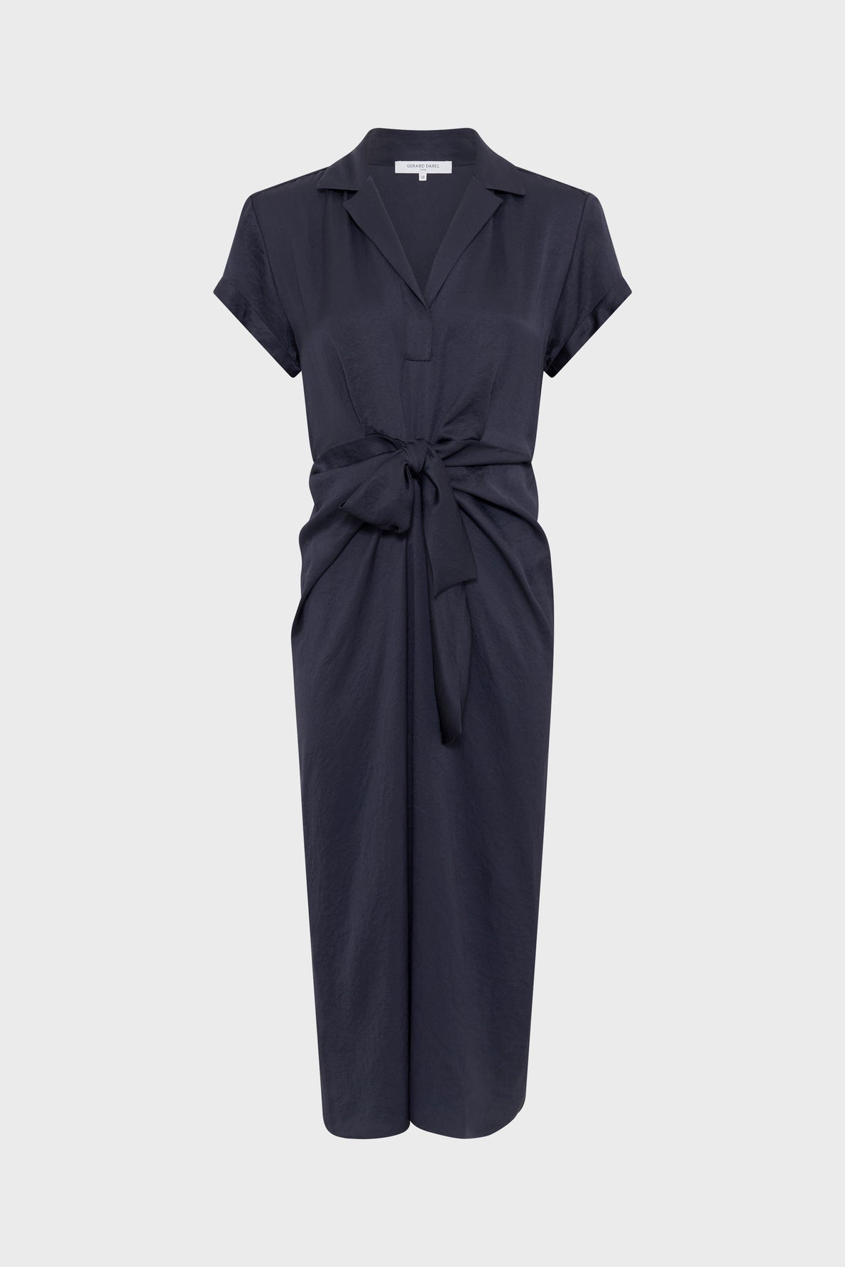 Navy blue, short-sleeve, midi dress with a collar, v-neckline, and a front tie detail at the waist, displayed on a plain white background.
