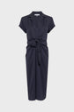 Navy blue, short-sleeve, midi dress with a collar, v-neckline, and a front tie detail at the waist, displayed on a plain white background.